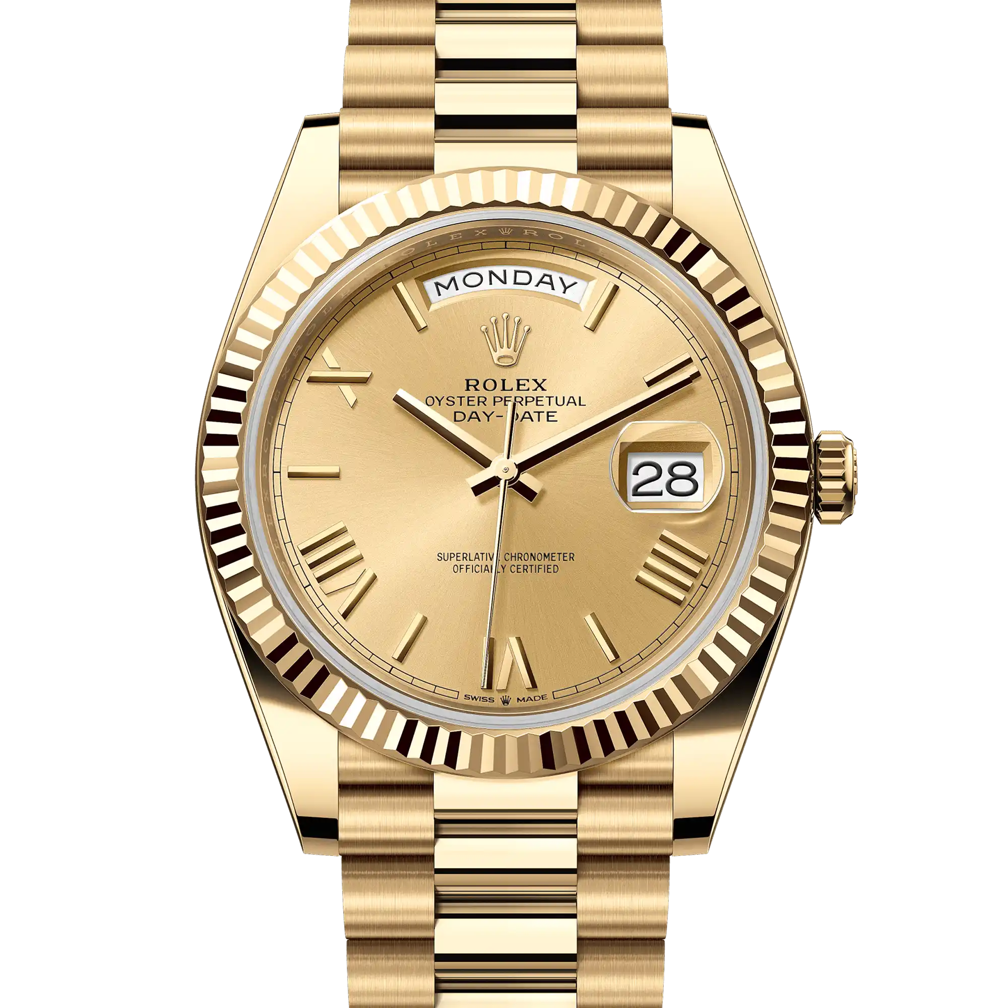 Superclone Rolex Day-Date 40 Yellow Gold Champagne Roman 228238